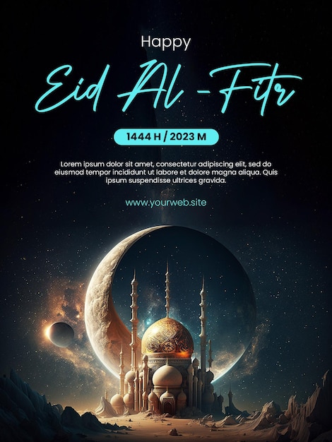 Wesoły plakat Eid AlFitr z tłem meczetu z motywem kosmicznym