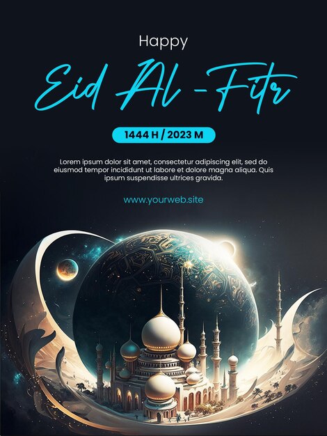 Wesoły plakat Eid AlFitr z tłem meczetu z motywem kosmicznym