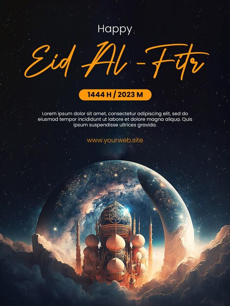 Wesoły Plakat Eid Alfitr Z Tłem Meczetu Z Motywem Kosmicznym