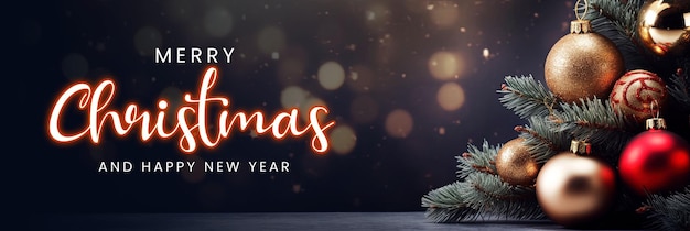 PSD wesołych świąt i szczęśliwego nowego roku szablon baner drzewo bożego narodzenia z baubles and blurred shiny