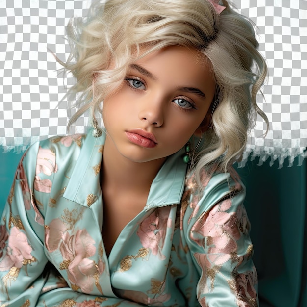 PSD west asian child girl blonde makeup artist seated pose pastel turquoise background