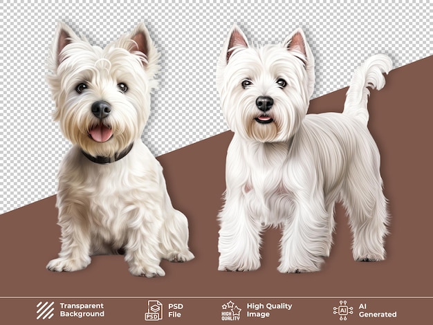 PSD west highland white terrier pies siedzący i stojący odizolowany na przezroczystym tle