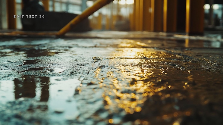 PSD wet concrete floor at construction site closeup