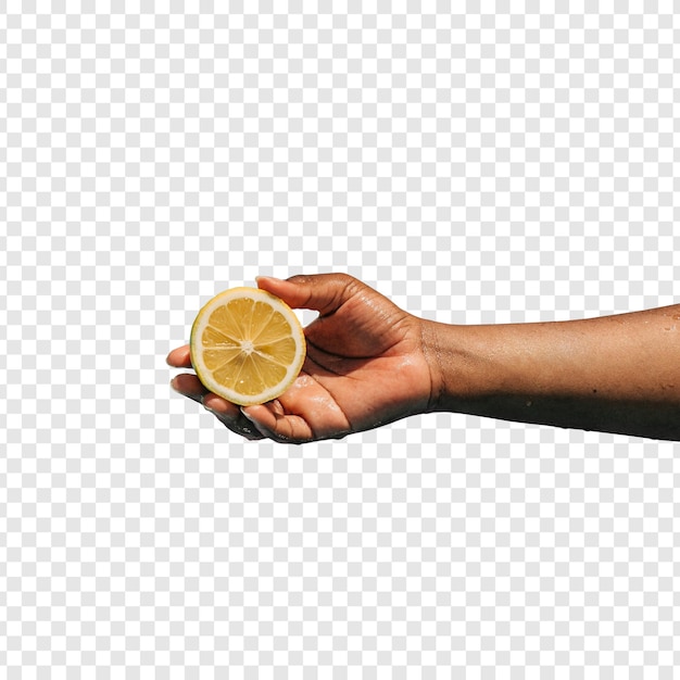 PSD wet hand holding an orange with transparent background