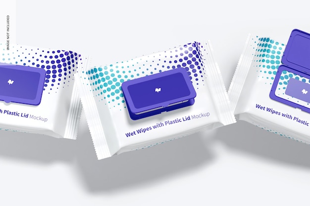 Wet wipes large packaging with plastic lid mockup, falling