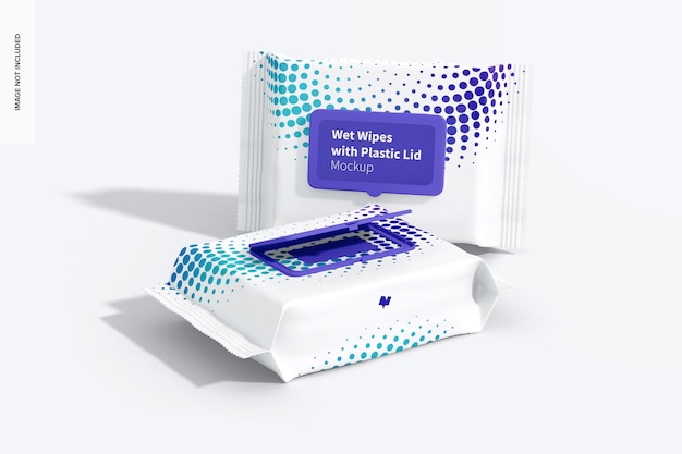 PSD wet wipes large packaging with plastic lid mockup, perspective