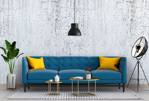Wewnętrzny żywy pokój ściany beton z kanapą, roślina, lampa, 3D odpłaca się
