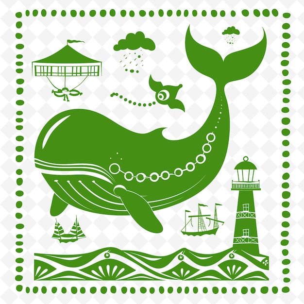 PSD whale line art with sailors knots and lighthouses for decora creative outline scribble collections