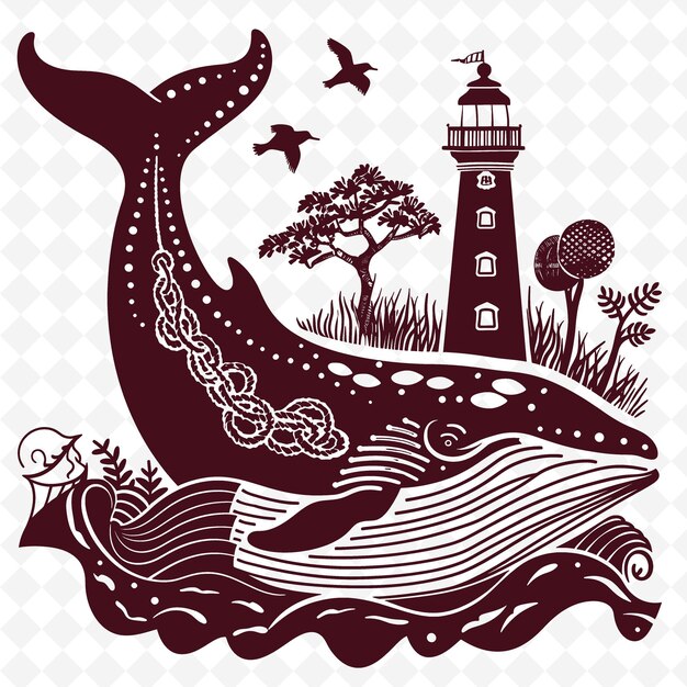 Whale line art with sailors knots and lighthouses for decora creative outline scribble collections