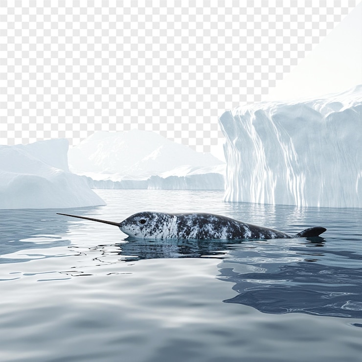 PSD a whale swimming in front of an iceberg that has icebergs in the background