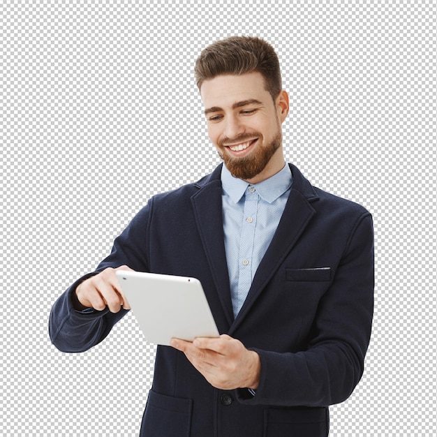 What pleasure looking at bank account full of money Delighted handsome and successful businessman with beard and neat hairstyle in suit holding digital tablet smiling pleased looking at device screen