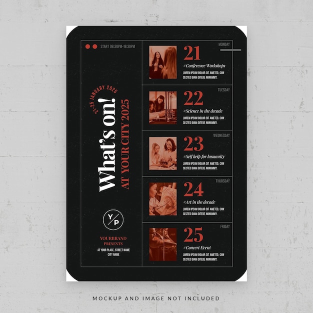 What's on city event schedule flyer template in psd modern black theme