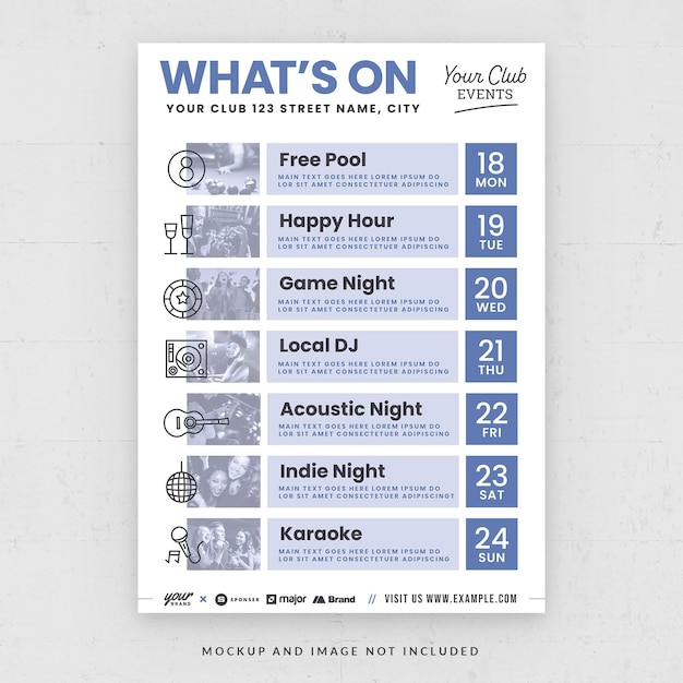 what's on club event schedule flyer template in psd
