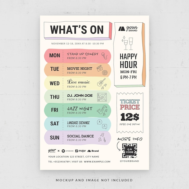 what's on night club event schedule flyer template in psd rainbow theme