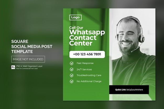 PSD whatsapp contact call center banner square modello di pubblicità per post sui social media