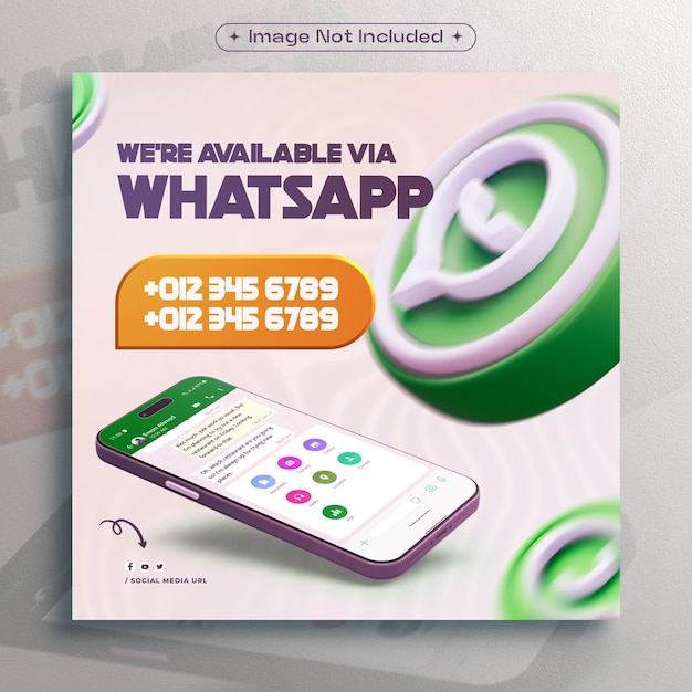 PSD whatsapp icon with a phone mockup for marketing social media post design template