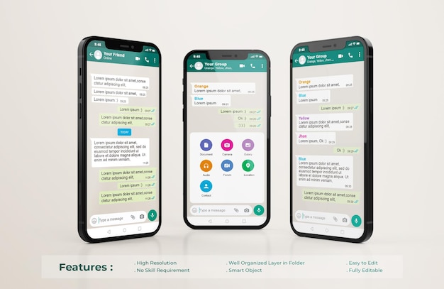 Whatsapp interface template on mobile phone mockup