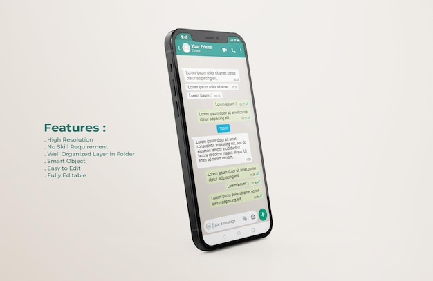 PSD whatsapp interface template on mobile phone mockup