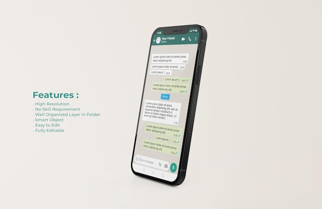 PSD whatsapp interface template on mobile phone mockup