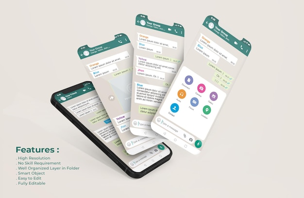 Modello di interfaccia whatsapp sul telefono cellulare e mockup di presentazione dell'app ui ux