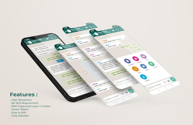 Whatsapp interface template on mobile phone and ui ux app presentation mockup