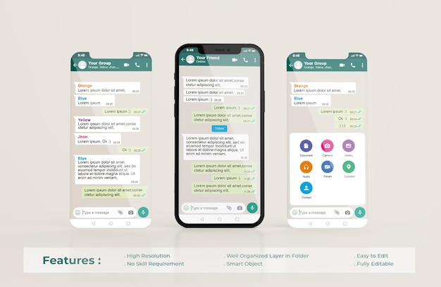 PSD 휴대 전화 및 ui ux 앱 프레젠테이션 모형의 whatsapp 인터페이스 템플릿