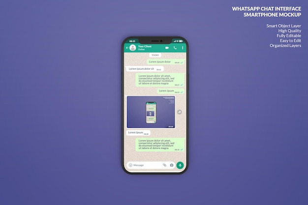 PSD Шаблон интерфейса whatsapp на макете мобильного телефона