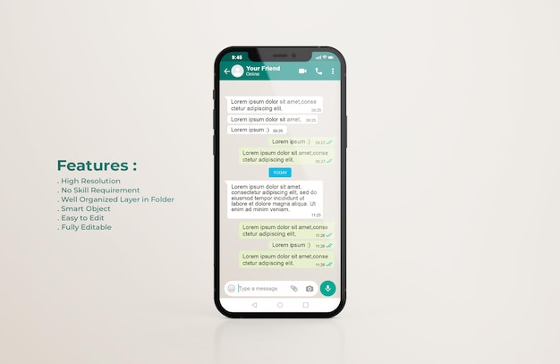 Шаблон интерфейса whatsapp на макете мобильного телефона