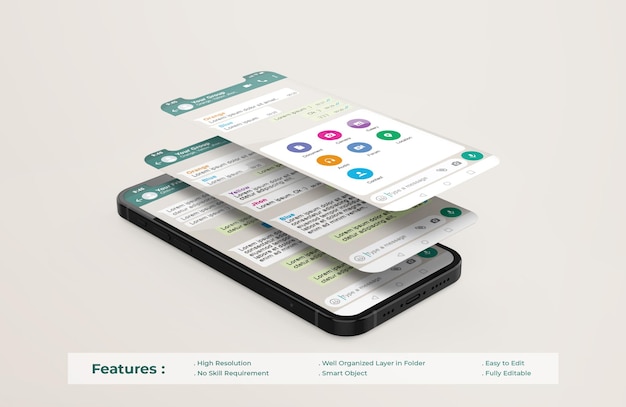 PSD modello di messaggistica whatsapp sul telefono cellulare e mockup di presentazione dell'app ui ux