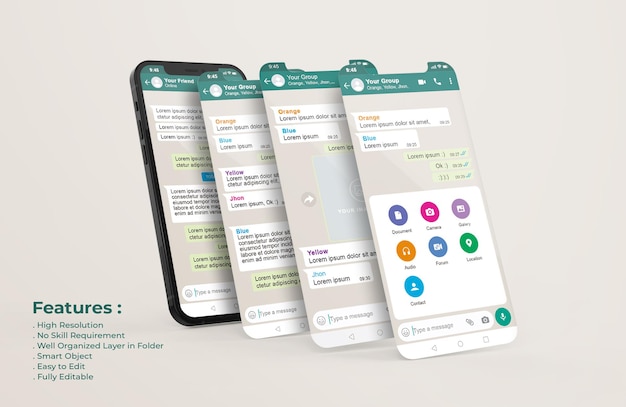 Modello di messaggistica whatsapp sul telefono cellulare e mockup di presentazione dell'app ui ux