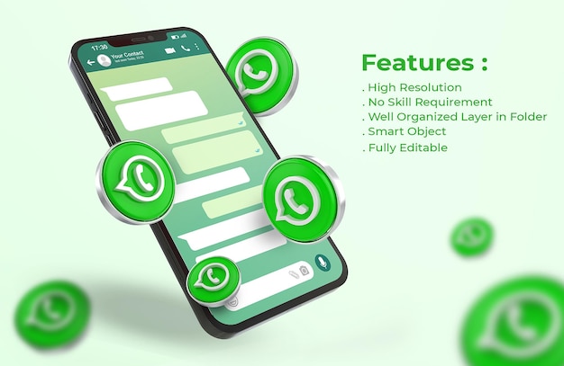 PSD whatsapp on mobile phone mockup with 3d logo