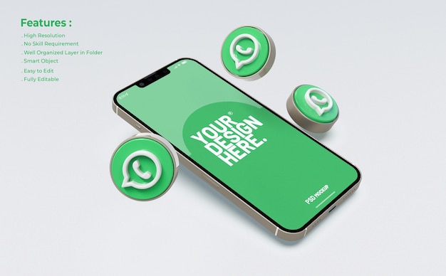 3d 아이콘이 있는 휴대 전화의 Whatsapp 모형