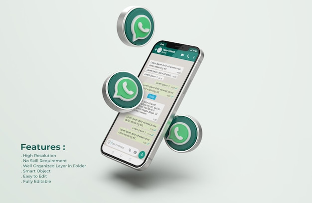 PSD whatsapp su silver mobile phone mockup