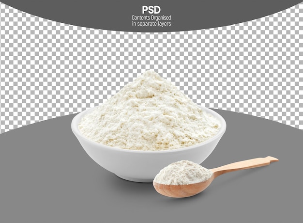 Wheat Flour in White bowl With Spoon isolated on Transparent background