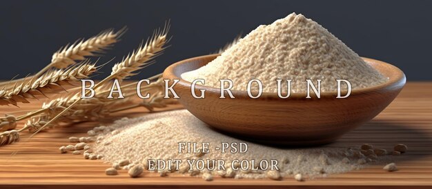 PSD wheat kernels and wheat flour on a wooden plate