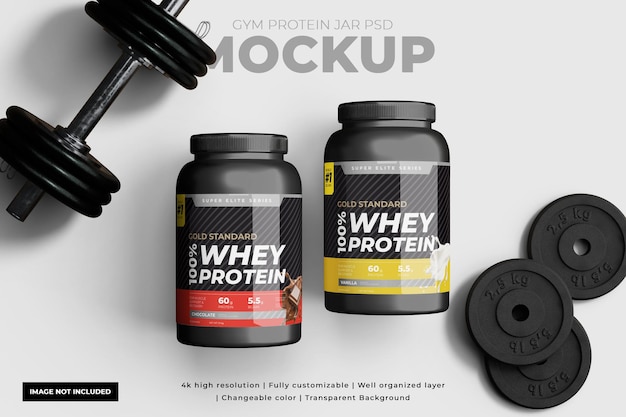 PSD whey protein jar mockup with weight lifting barbell instant product showcase for gym supplement