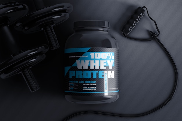 PSD whey protein jar with dumbbell and jump rope mockup