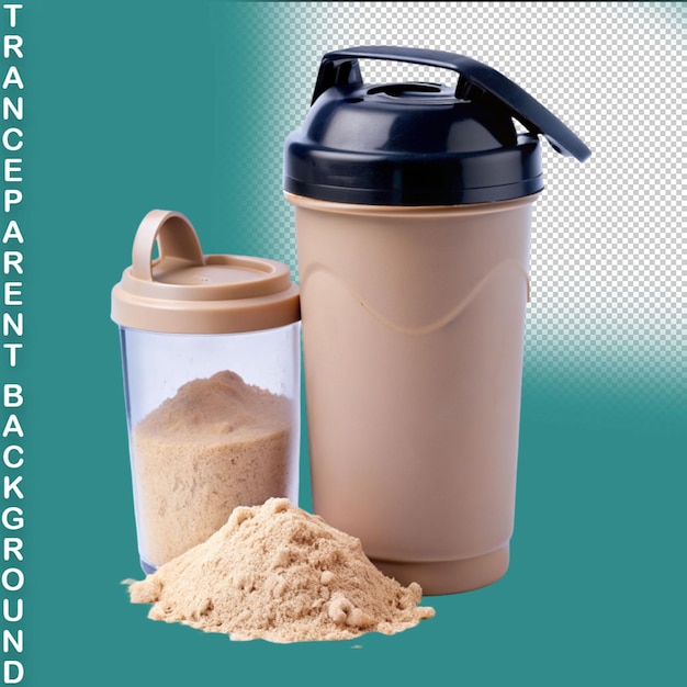 PSD whey protein powder in scoop and plastic shaker isolated on transparent background