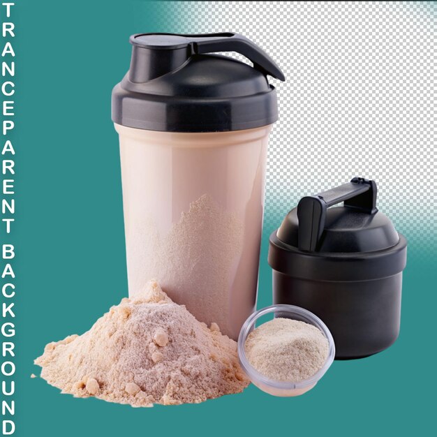 PSD whey protein powder in scoop and plastic shaker isolated on transparent background