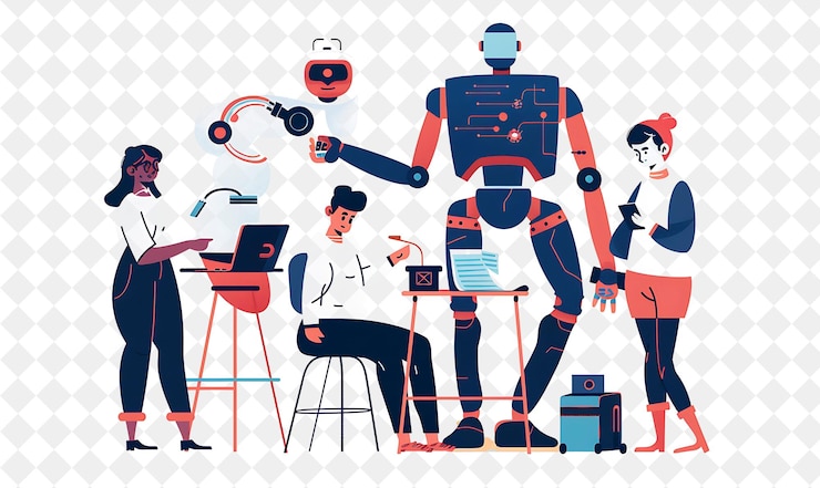 PSD whimsical ai researcher with characters training and interac png people in daily work illustration