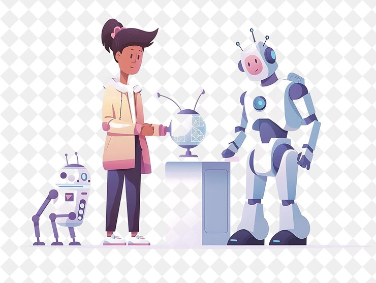 PSD whimsical ai researcher with characters training and interac png people in daily work illustration