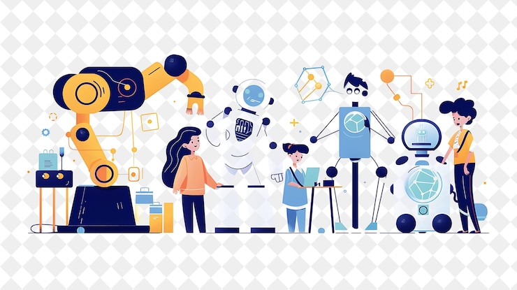 PSD whimsical ai researcher with characters training and interac png people in daily work illustration