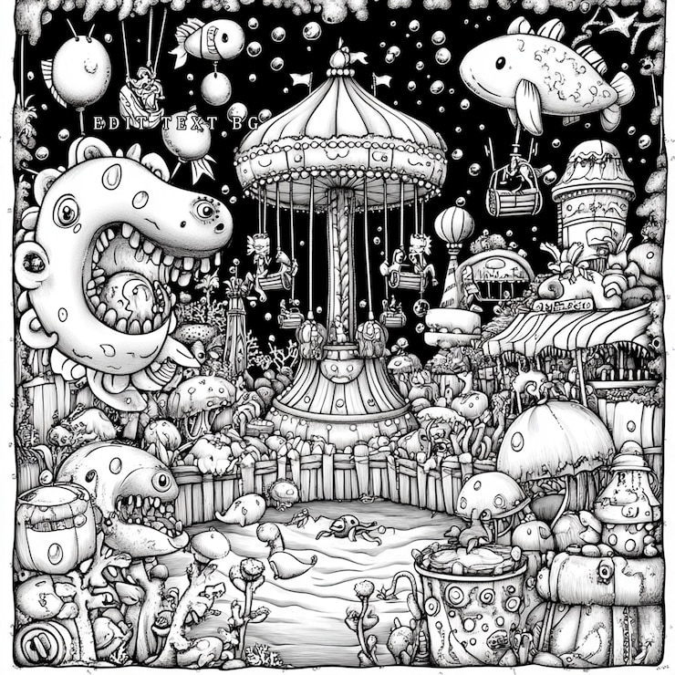 PSD whimsical black and white illustration of a fantastical underwater amusement park with carousel creatures and balloons