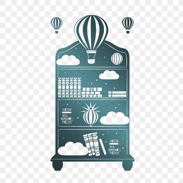 PSD whimsical bookcase with hot air balloon design and cloud sym collage scribble design frame and ink