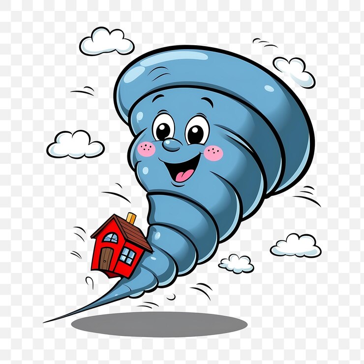 PSD whimsical cartoon tornado character lifting a house