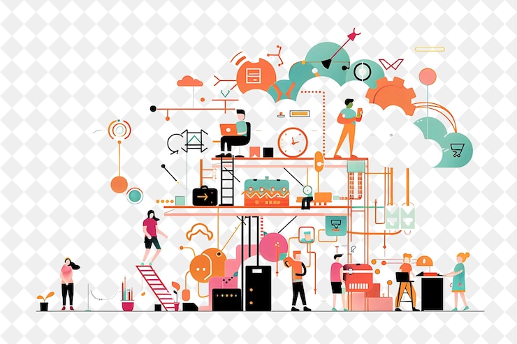 PSD whimsical cloud architect with characters designing and buil png people in daily work illustration
