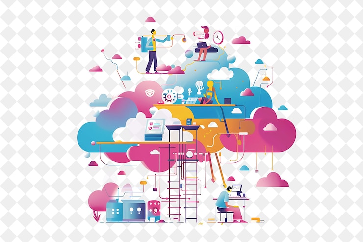 PSD whimsical cloud architect with characters designing and buil png people in daily work illustration