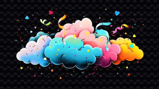 PSD whimsical cotton candy cloud with rainbow ribbons and confet neon color shape decor collections