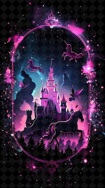 PSD whimsical fairy tale arcane frame with magical castles and f neon color frame y2k collection