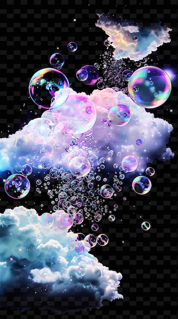 PSD Причудливое линзикулярное облако с плавающими пузырьками и цветной неоновой декоративной коллекцией iridesc